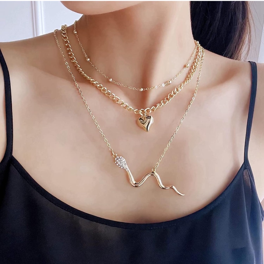 Gold Heart And Snake Necklace Set